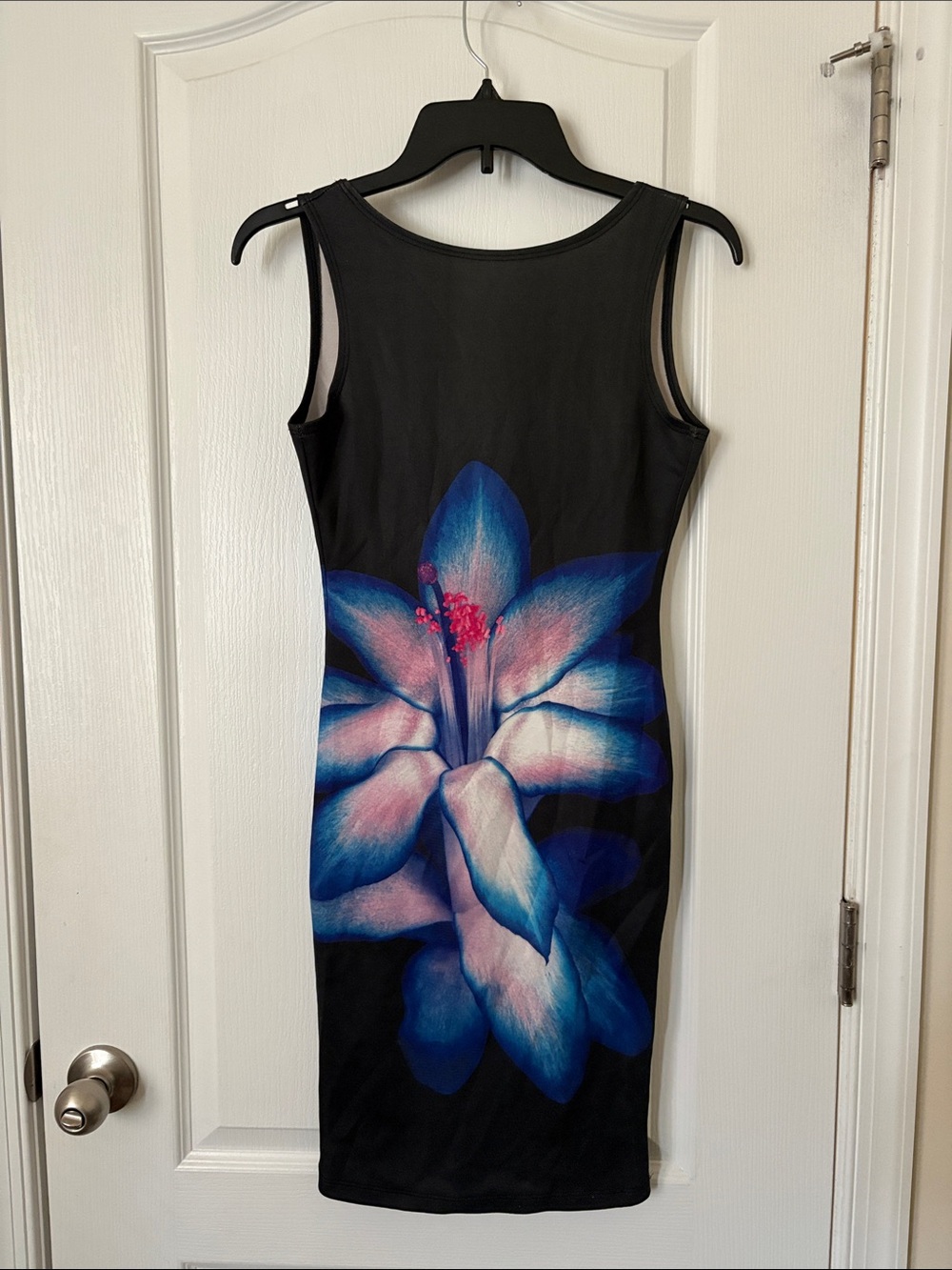 Black Floral Bodycon Dress with Blue-Pink Bloom